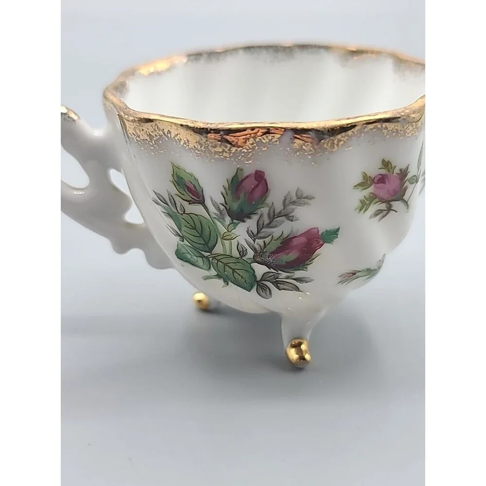 Relco Vintage Tri Footed Teacup Pink Roses Swirl Design Gold Trim